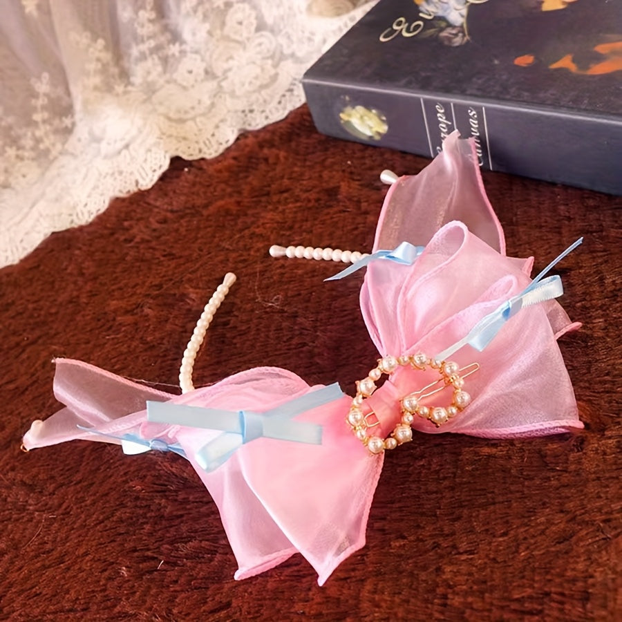 Elegant Light Blue Mesh Bow Headband - Chic, Faux Pearls & Heart Accent, 1pc, Perfect for Women, Parties or Special Occasions