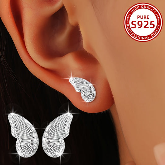 1 Pair Elegant Butterfly Wing Stud Earrings, 925 Sterling Silver, Synthetic Zirconia, Coquette Style, Animal Theme, Lightweight 2.17G, Perfect for Daily Wear, Parties, And Gifting