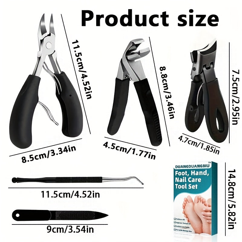 5pcs Stainless Steel Nail Care Kit for Ingrown & Thick Toenails - Heavy-Duty Clippers Set with Nail File, Cuticle Nippers, and Grooming Tools.
