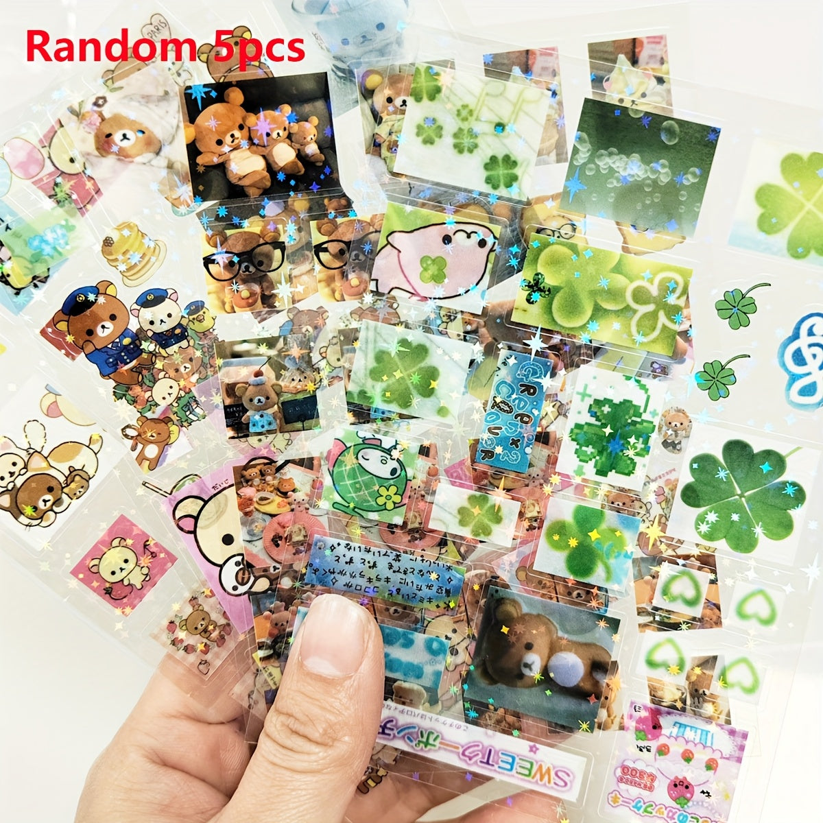 [Shiny Star Stickers] 5pcs Set of Transparent Shiny Stars Cute Bear Stickers | for Mobile Phone Cases And Notebooks, Kawaii Stickers