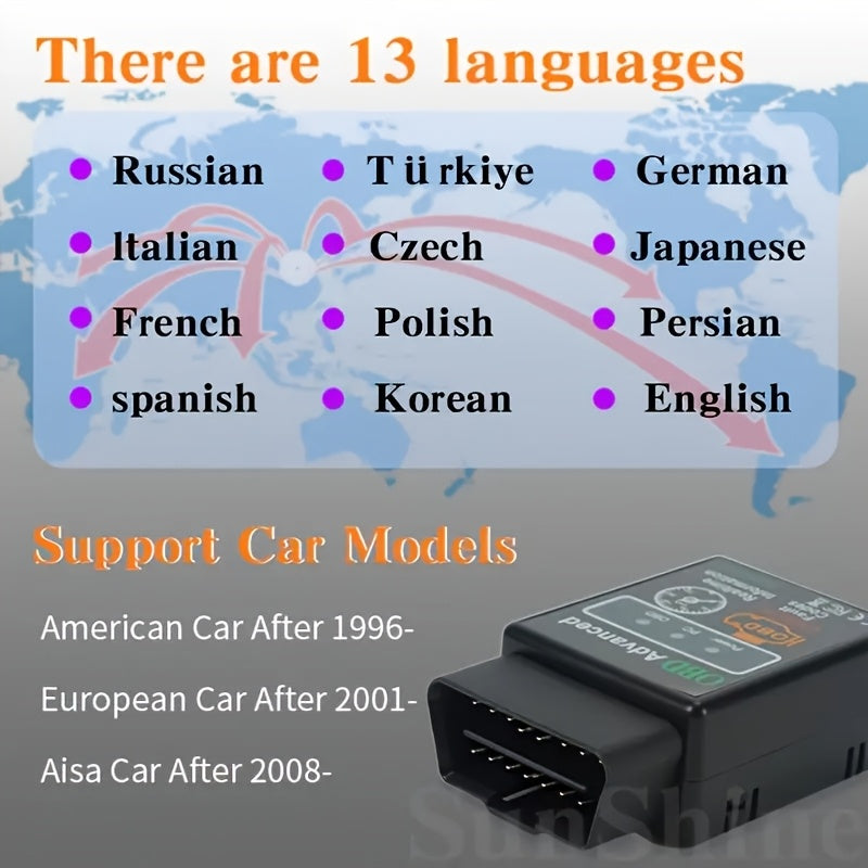 OBD2 scanner, car fault detector, advanced diagnostic car code reader, compatible with iOS and Android, used for engine fault codes and performance monitoring.