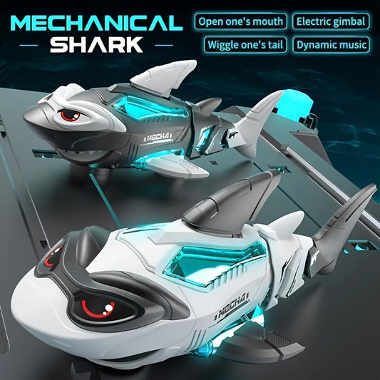 Interactive Electric Shark Toy with Lights & Music – Gray/White Mechanical Shark with Wiggling Tail, Opening Mouth, and Blue Accents, Fun Educational Toy for Indoor Play, Perfect Holiday Gift for Boys and Girls