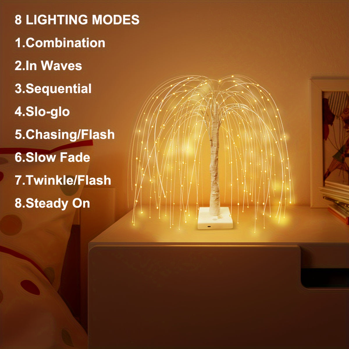 1pc Romantic Willow Tree Table Lamp with 192 LED Lights, 8 Lighting Modes, USB & Battery Powered, 19.7in Tall, PC Material for Home, Wedding, Party, Landscape Decor