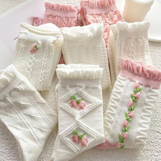 5 Pairs Kawaii Japanese Fashion Socks, Cute Flower Geometric 3D Textured Socks, Women's Stockings & Hosiery