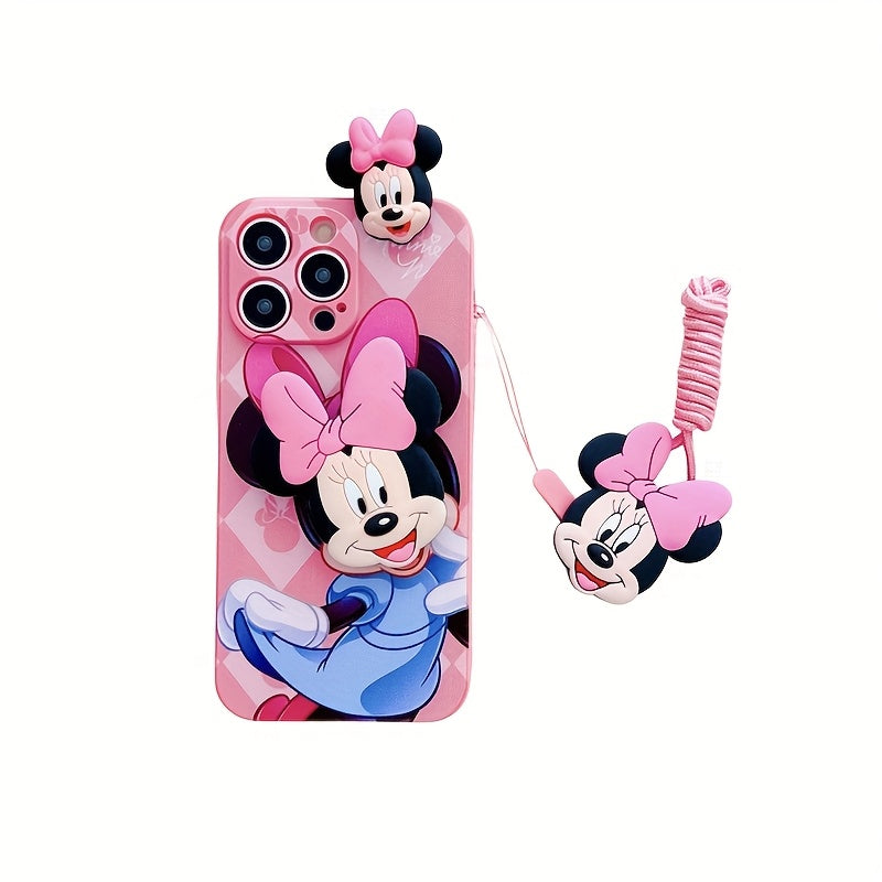 Disney Mickey Minnie with Bracket Hanging Rope Mobile Phone Case, Suitable for iPhone 16/15/14/13/12/11/XS/XR/X Plus Pro Max TPU Cartoon Cute Fashion Full Cover Mobile Phone Case, Ideal Gift