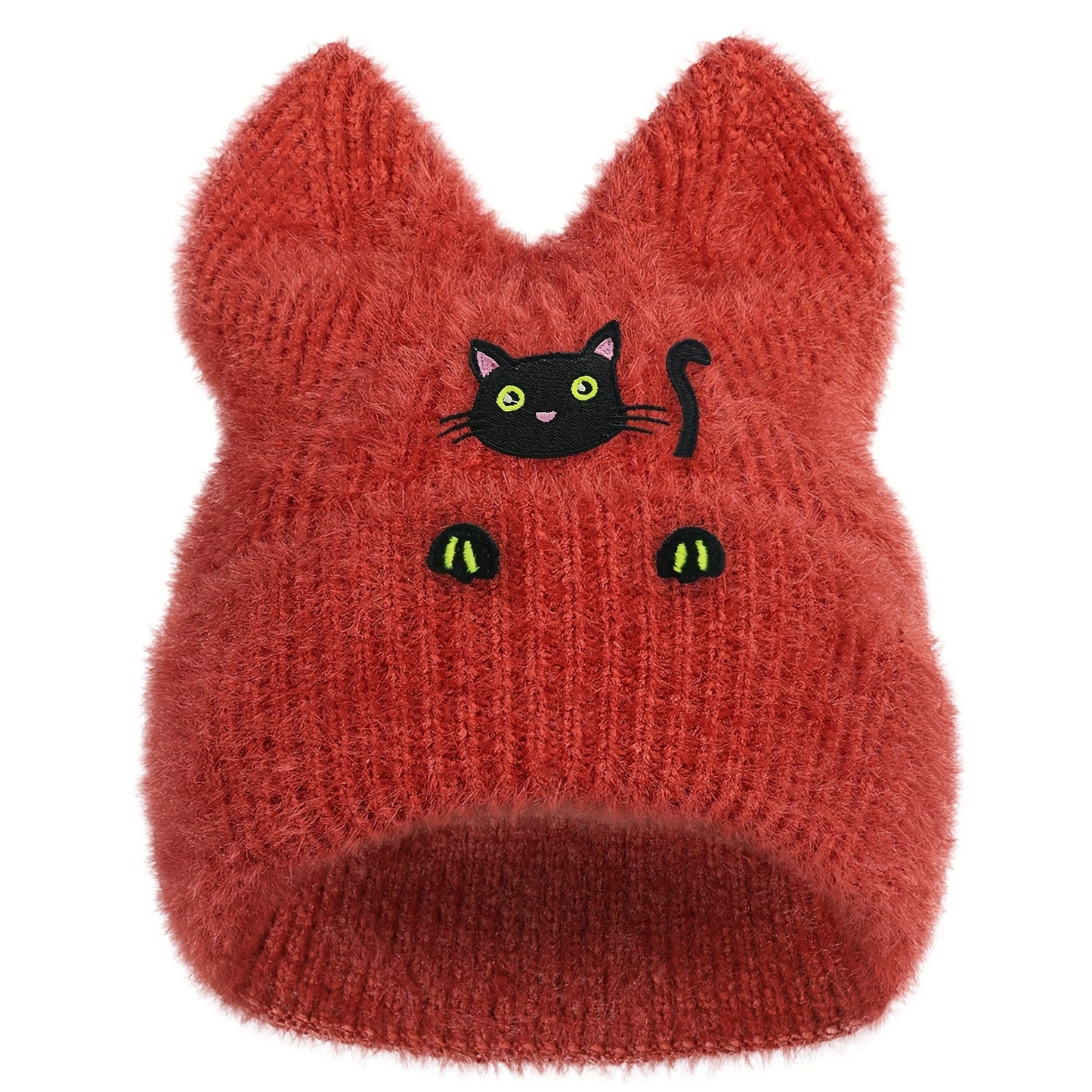 Black Cat Winter Knit Skull Cap with Cat Ears