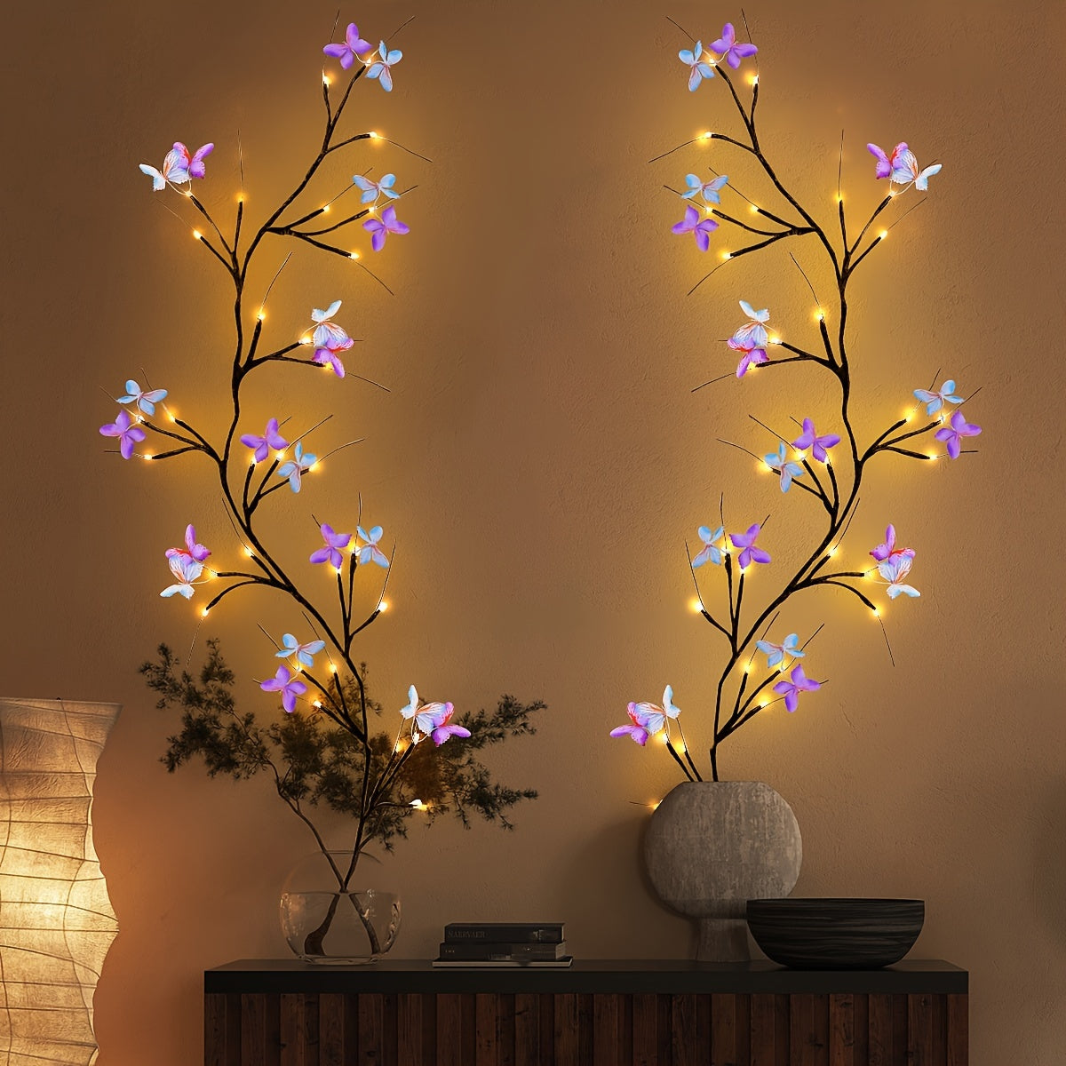 [Enchanted Willow Lights] USB Powered 1pc Resin Enchanted Willow Vine Lights with Butterflies | Wall Decor, ≤36V, for Christmas, Home, Bedroom, Valentine's Day, Easter Holiday Gift