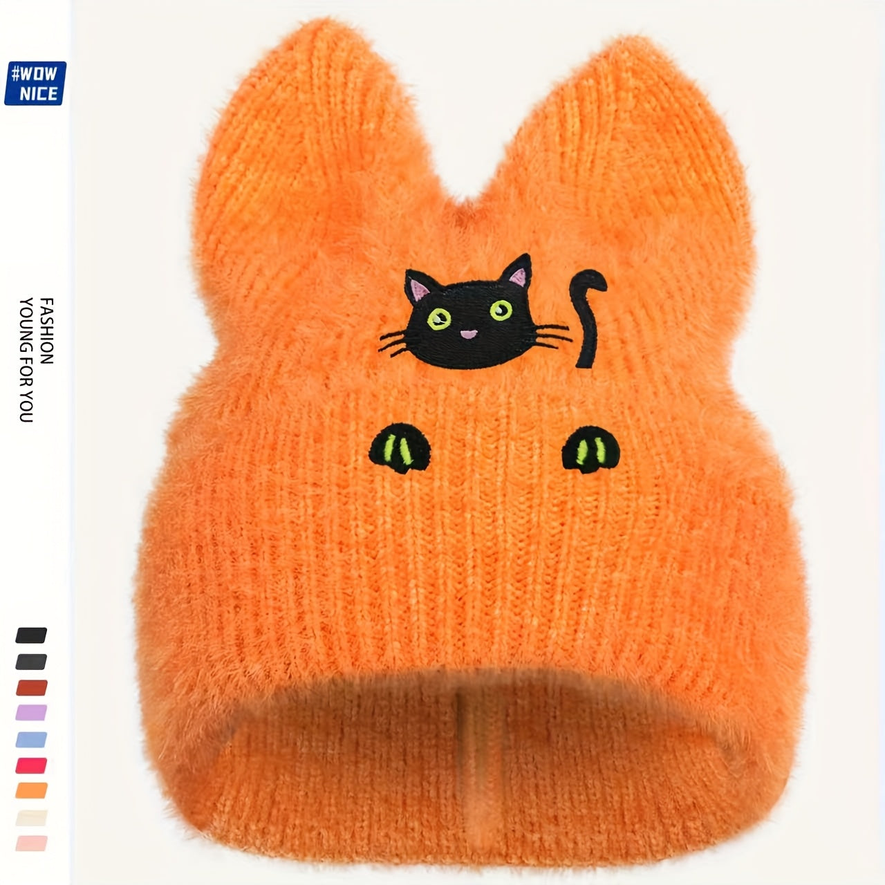 Women's & Men's Black Cat Ear Beanie Hat with Hand