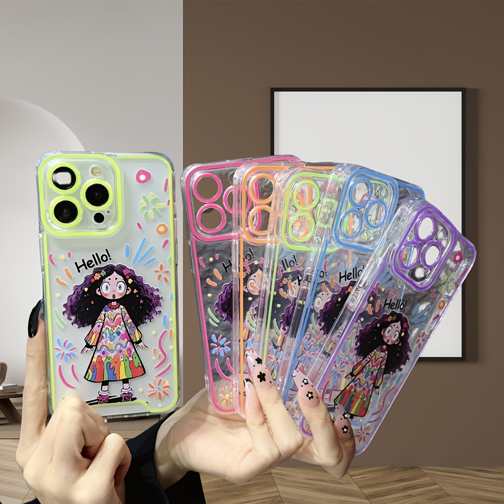 Adorable Curly Hair Girl with Luminous Anti-Fall Mobile Phone Case for iPhone15 Pro 14 Plus 13 12 11ProMax Full Protection Back Cover