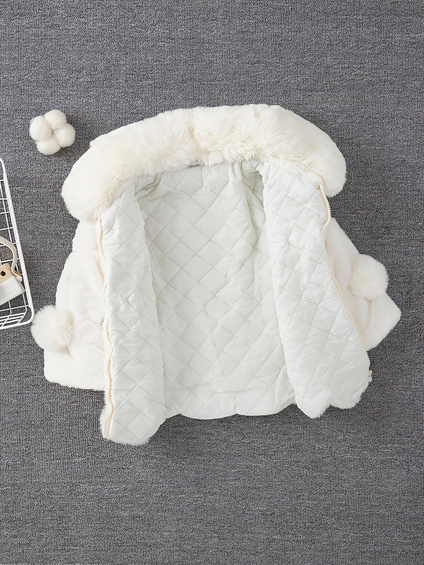 Girls' Winter Coat with Plush Fur-Lined Hood - Thick Fleece-Lined Zipper Front, Flared Hem & Pom-Pom Details, Cute Solid Color Outerwear for Fall/Winter, Cozy Warm Jacket for Cold Weather, Cozy Winter Wear, Playful Design, So