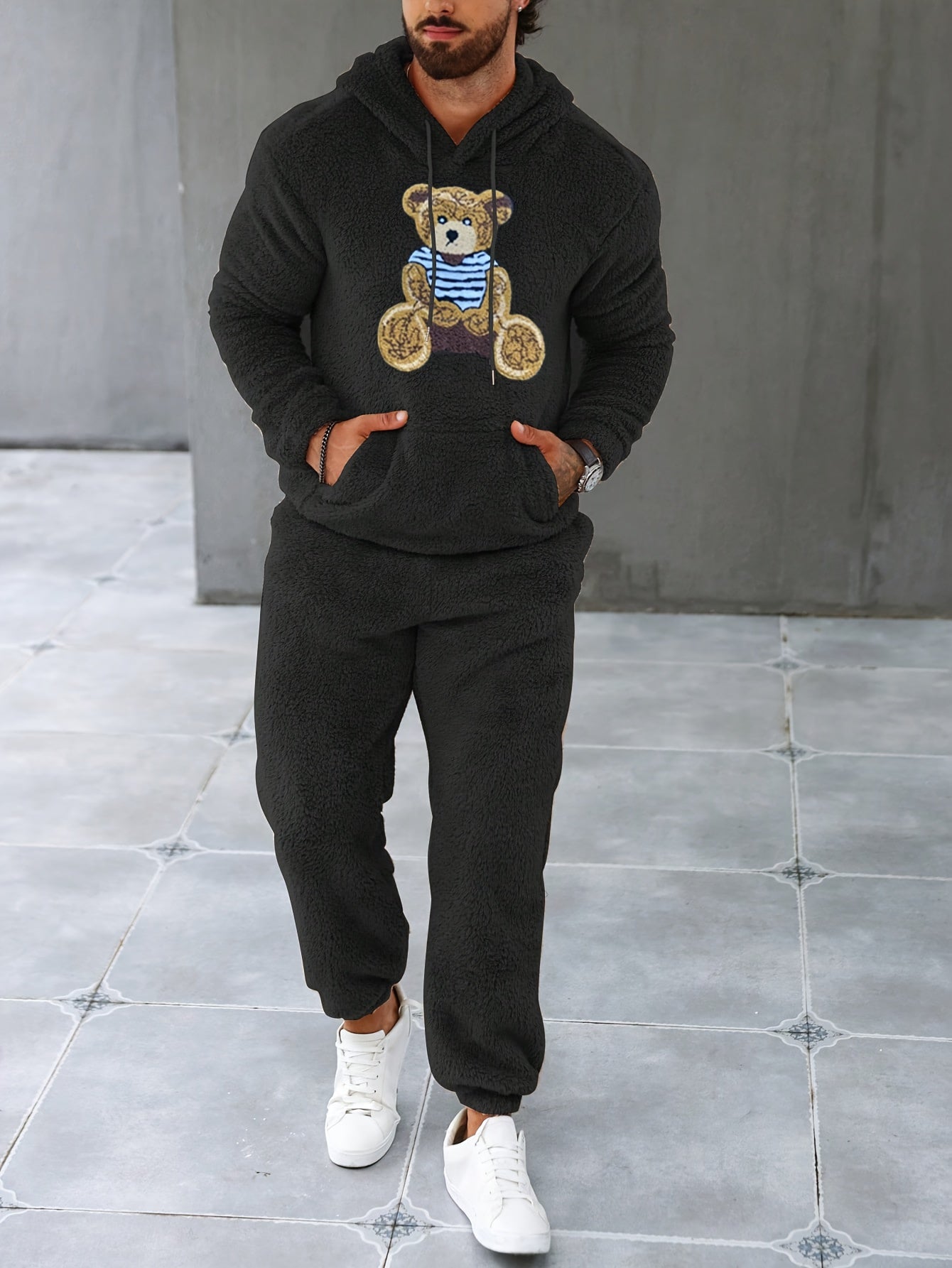 2Pcs Men's Fuzzy Fleece Casual Hoodies Long Sleeve Hooded Sweatshirt And Sweatpants Joggers Set For Winter Fall