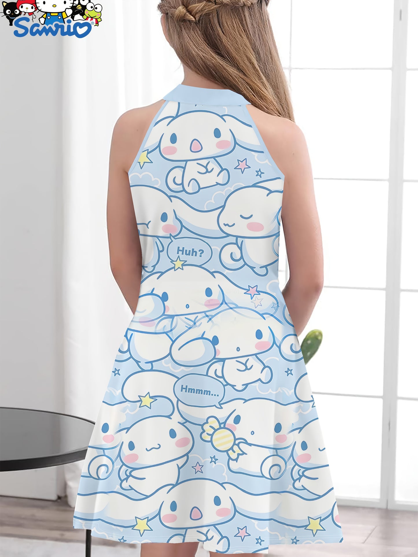 Sanrio Girls' Cute 3D Print Halter Dress - Hello Kitty, Kuromi & My Melody Cartoon Design, White with Blue Background, Sleeveless Summer Dress, Machine Washable, Perfect for Youngsters, Beach Playwear | Cartoon Print Dress |