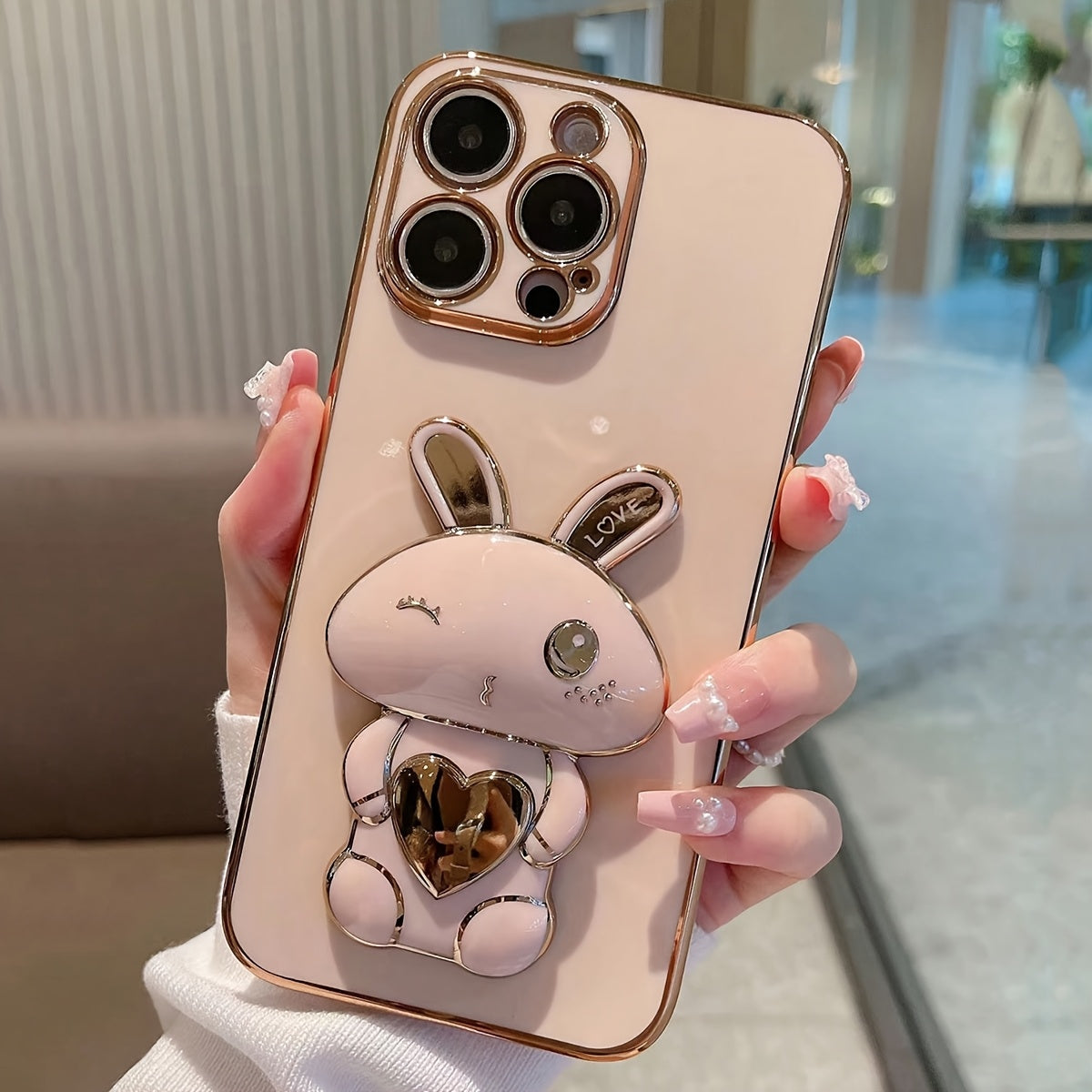 A Cute And Minimalist Electroplated Rabbit Stand Case Designed for Iphone 11, Iphone 13, Iphone 14, Iphone 13 Pro Max, Iphone 14 Pro Max, Iphone 15, Iphone 15 Pro, Iphone 5 Pro Max, Iph