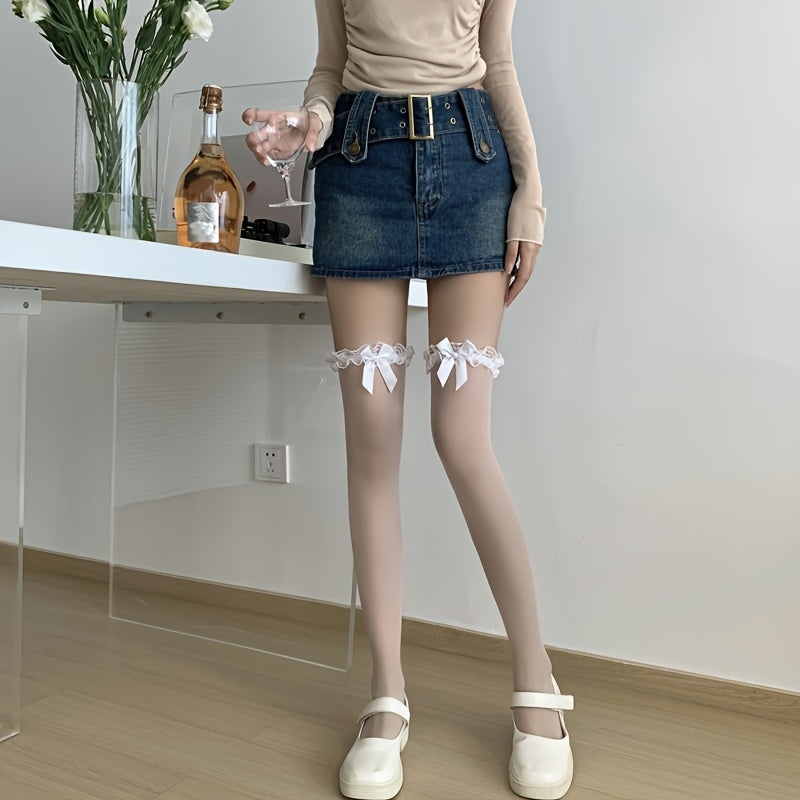 [Sensual Fishnet Tights] Sexy Sheer 1 Pair Women's Fishnet Tights | 91% Polyester 9% Elastane, Hand Washable Knit Fabric, Non-Slip Thigh Highs with Butterfly Knot and Contrast Lace Detail