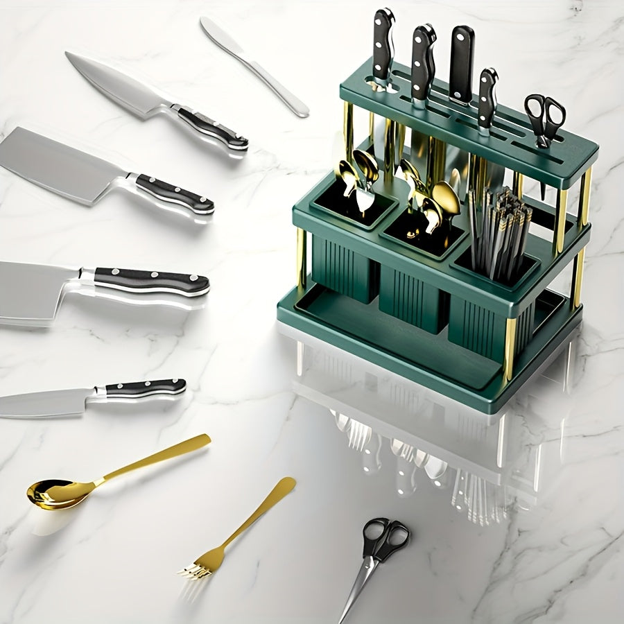 1pc Multi-Functional Kitchen Utensil Organizer - Space-Saving Plastic Storage Rack for Knives, Forks, Spoons, and Chopsticks with Green and White Compartments, Ideal for Countertop Organization, Cooking Utensils