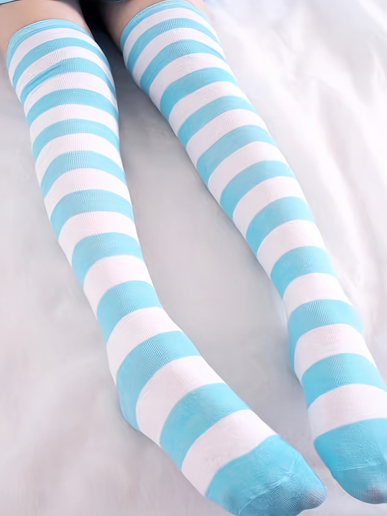Anime-Inspired Striped Over-The-Knee Socks with Paw Print - Polyester Knit Fabric, Comfortable Thigh High Cosplay Stockings, Hand Washable - 1 Pair