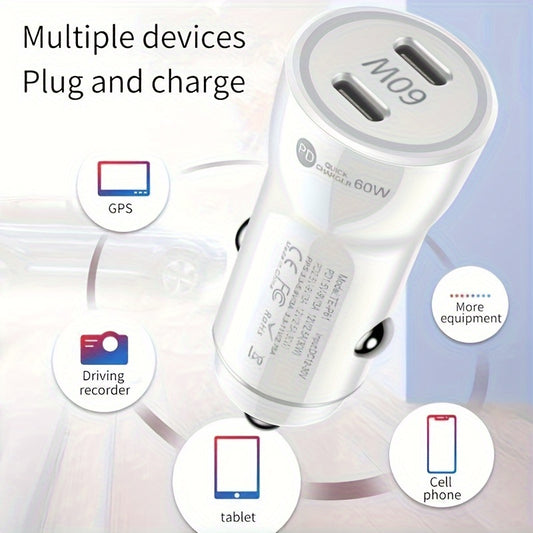 60W USB C Car Charger, USB-C Adapter Fast Charging Dual Port PD3.0 Type C Power Plug Compatible with iPhone16 15 14 13 12 11 Pro Max XR Samsung S23/22/21 Google Pixel 7 (Black/White)