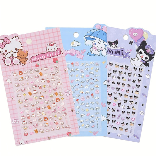 2pcs Sanrio Nail Art Stickers 5D Embossed Kuromi Cinnamoroll & HelloKitty Designs Nail Decals Kawaii Cartoon Self-Adhesive Decals for DIY Manicures Decoration