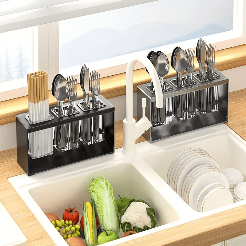 1pc Multifunctional Kitchen Utensil Organizer with Drainboard - Plastic Tableware Storage Holder for Knives, Forks, Spoons, and Chopsticks - Countertop Utensil Rack with Built-in Drainage for Home and Restaurant Use
