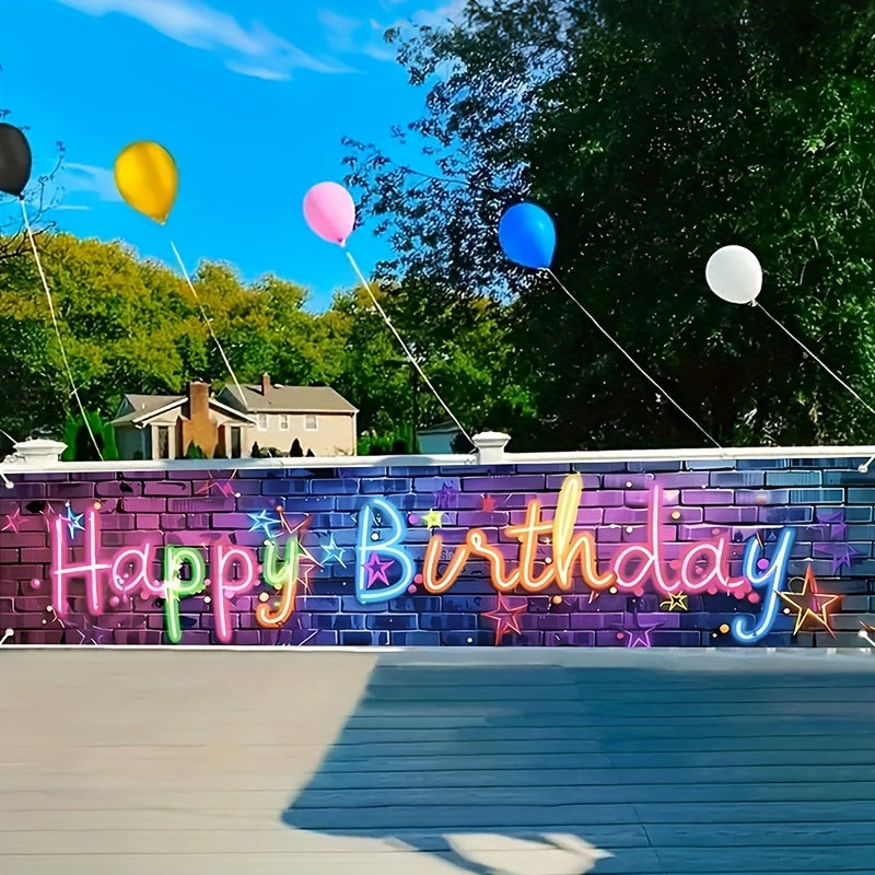 1pc Glow Neon Birthday Long Banner - 78.7"x15.7" Polyester Happy Birthday Garden Yard Decoration with Vibrant Neon Design, Perfect for Outdoor Party Decorations and Celebrations, Celebration Accessory | Festive Party Signage