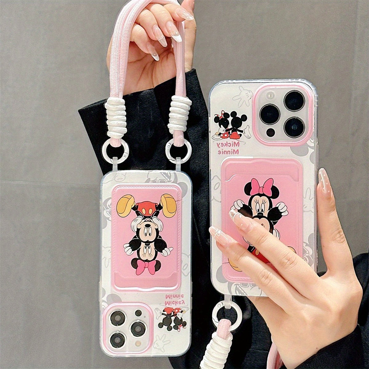 Disney Series Mobile Phone Case, Mickey Minnie Compatible with iPhone16 16promax 13 14 15 15pro 15promax 16pro XSMAX XR 7/8/mini13/mini12 Card Holder, Card Bag, with Lanyard This soft protective case provides full body protec