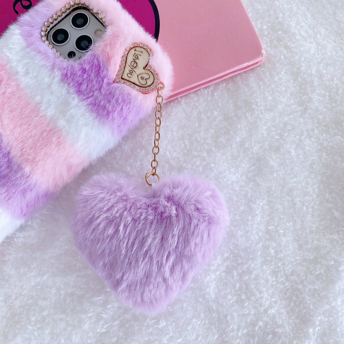 Plush Phone Case with a Purple Heart Pendant