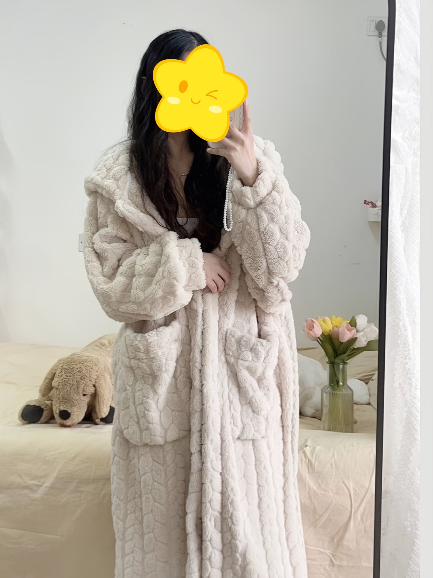 Cozy Coral Fleece Hooded Robe for Women - Long, Warm & Soft Lounge Dress with Pockets, Machine Washable - Perfect for Fall/Winter