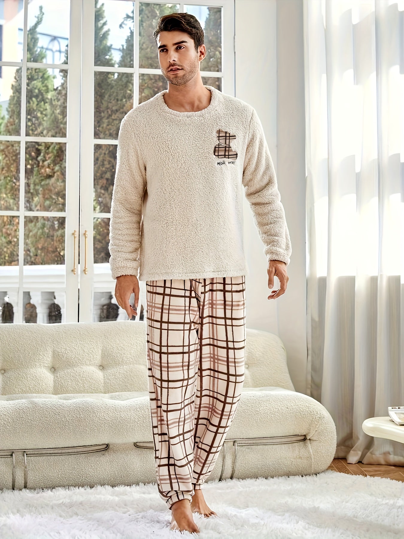 Checkered Pattern Couple Style Autumn Winter Plush Set, Long Sleeve and Pants for Men or Women.