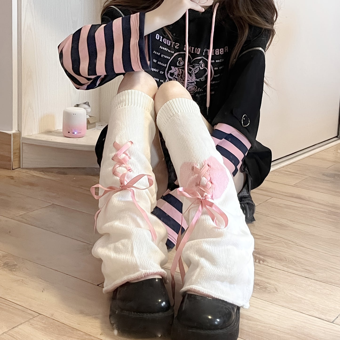 Kawaii Lace Up Leg Warmers, JK Style Knitted Knee High Socks For Fall & Winer, Women's Stockings & Hosiery