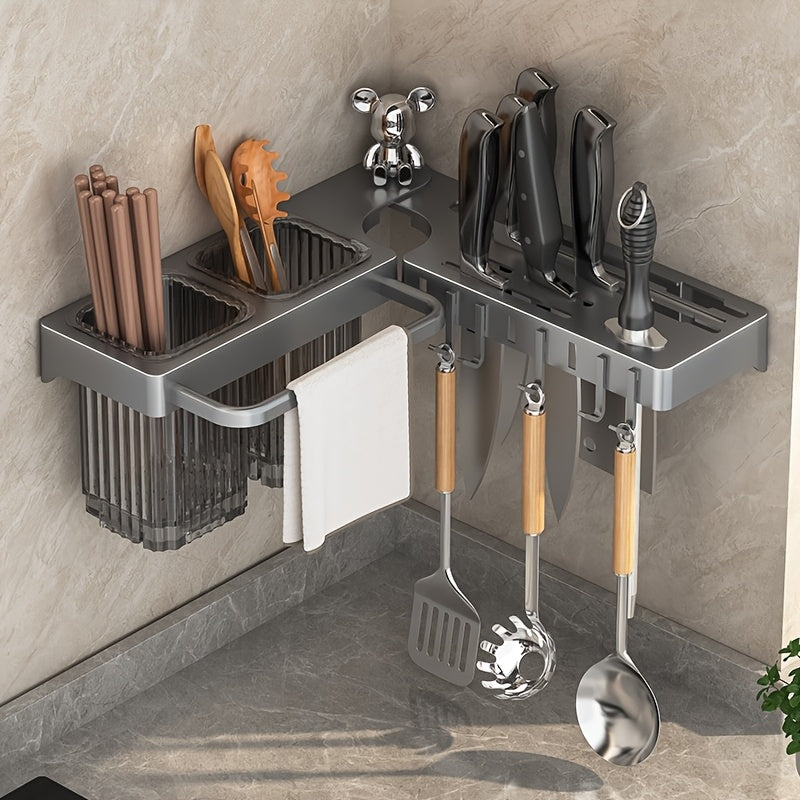 Made of Durable Plastic, Foldable Rotating Knife Rack Wall-Mounted - Space-Saving Kitchen Organizer Suitable for Modern Home or Commercial Use, Kitchen Accessories with Towel Bar and Drain Cup