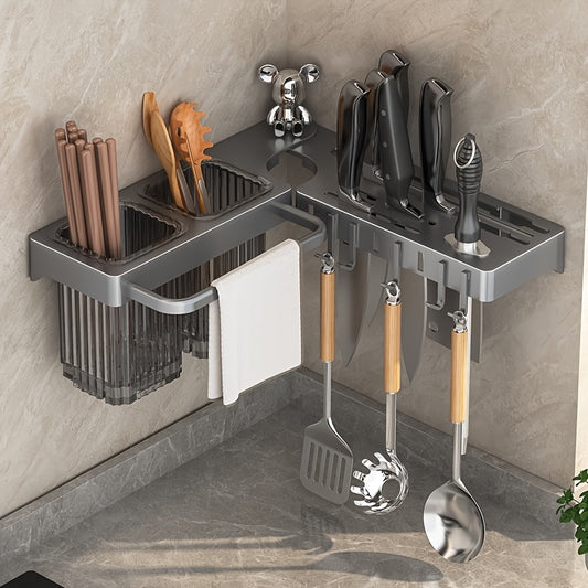 Made of Durable Plastic, Foldable Rotating Knife Rack Wall-Mounted - Space-Saving Kitchen Organizer Suitable for Modern Home or Commercial Use, Kitchen Accessories with Towel Bar and Drain Cup