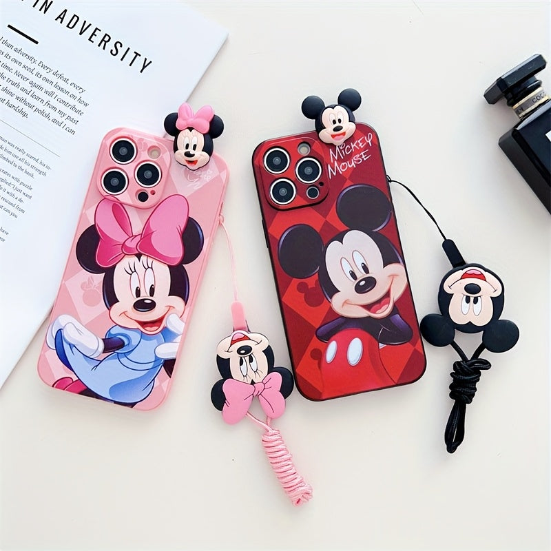 Disney Mickey Minnie with Bracket Hanging Rope Mobile Phone Case, Suitable for iPhone 16/15/14/13/12/11/XS/XR/X Plus Pro Max TPU Cartoon Cute Fashion Full Cover Mobile Phone Case, Ideal Gift