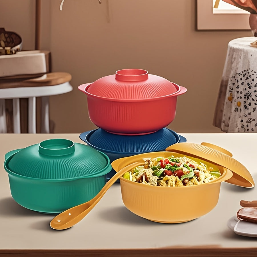 [Large Capacity] 4pcs Set of Large Capacity Casserole Bowls with Lids and Long Soup Spoons | 1100ml/38oz | Portable Large Soup Bowls, Japanese & Korean Ramen Bowls, Couple's Rice Bowls, Dinner Bowls, Romantic Bowls for Family