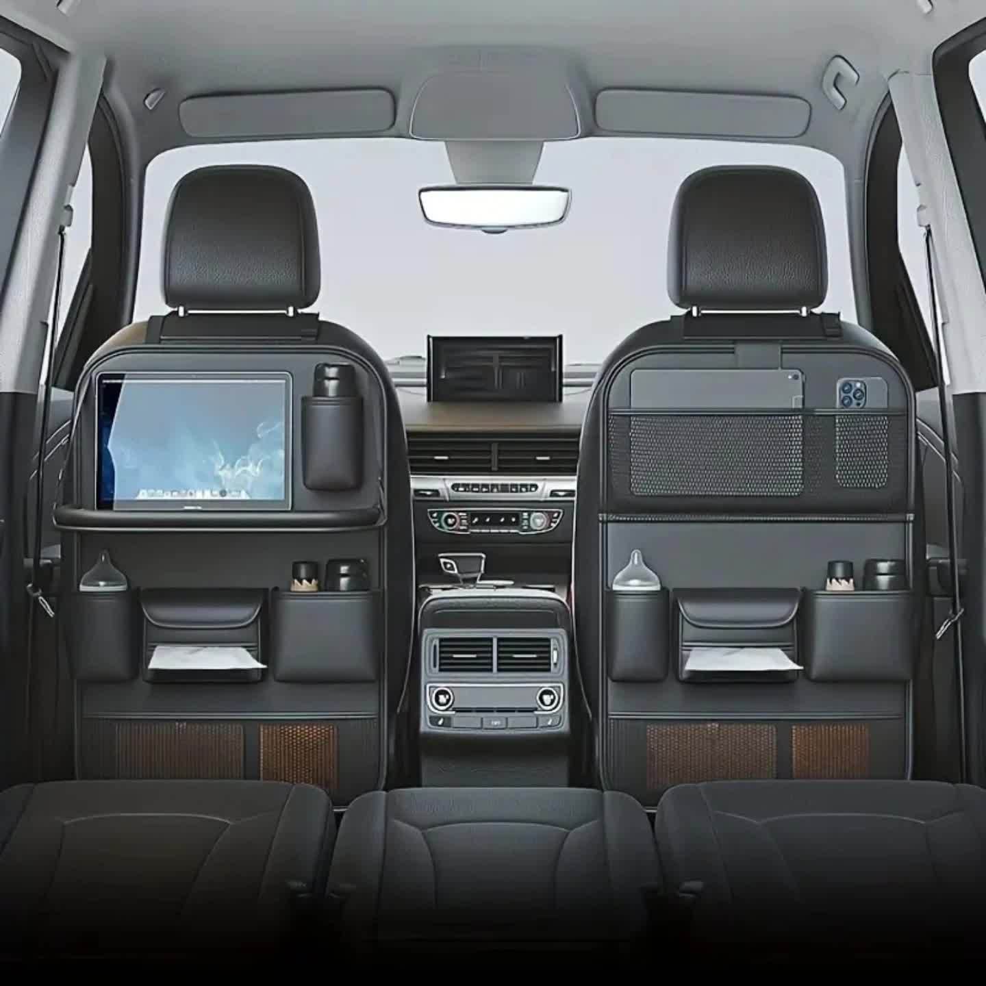 PU Leather Car Back Seat Storage Box with Foldable Dining Table And Cup Holder, Multifunctional Storage Bag, Vehicle Seat Protector, And Anti-Kick Mat.