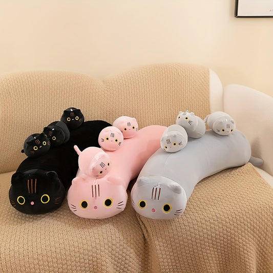 Soft 4pcs Cat Family Plush Toy Set - Cozy Polyester Pillows in Bright Pink, Gray, Black Colors - Stuffed Animal Dolls for Youngsters