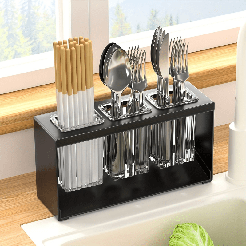 1pc Multifunctional Kitchen Utensil Organizer with Drainboard - Plastic Tableware Storage Holder for Knives, Forks, Spoons, and Chopsticks - Countertop Utensil Rack with Built-in Drainage for Home and Restaurant Use