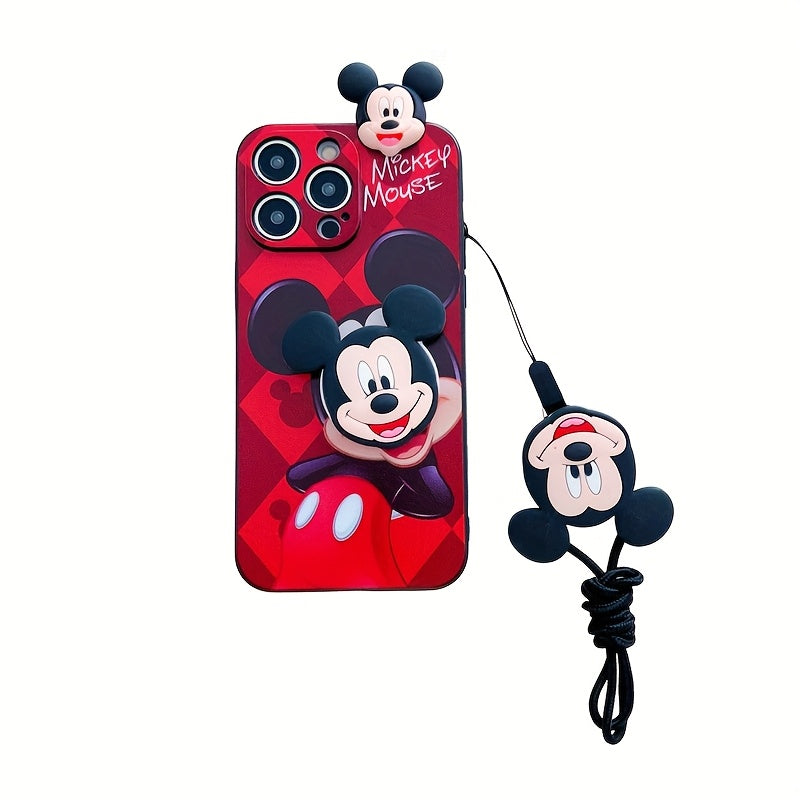 Disney Mickey Minnie with Bracket Hanging Rope Mobile Phone Case, Suitable for iPhone 16/15/14/13/12/11/XS/XR/X Plus Pro Max TPU Cartoon Cute Fashion Full Cover Mobile Phone Case, Ideal Gift