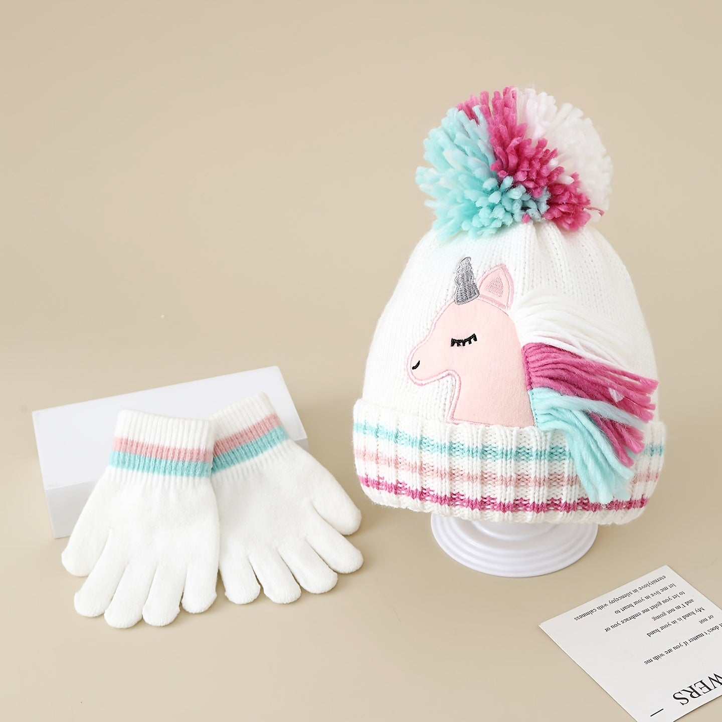 Winter Girls' Unicorn Knitted Hat and Gloves Set,