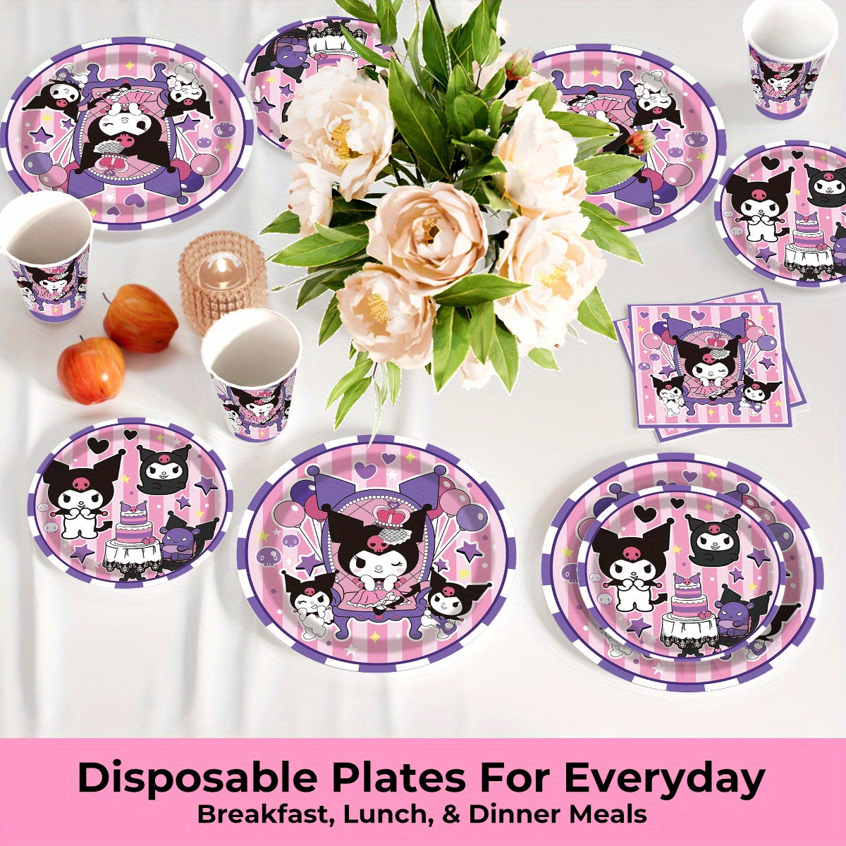 100pcs Kuromi Disposables Cutlery Sets Includes 20 Dinner Plates 20 Dessert Plates 20 Cups & 40 Paper Napkins, Disposable Party Dinnerware Set for Camping, Picnics, Yard BBQ, Party Supplies Set for Wedding Birthday Party