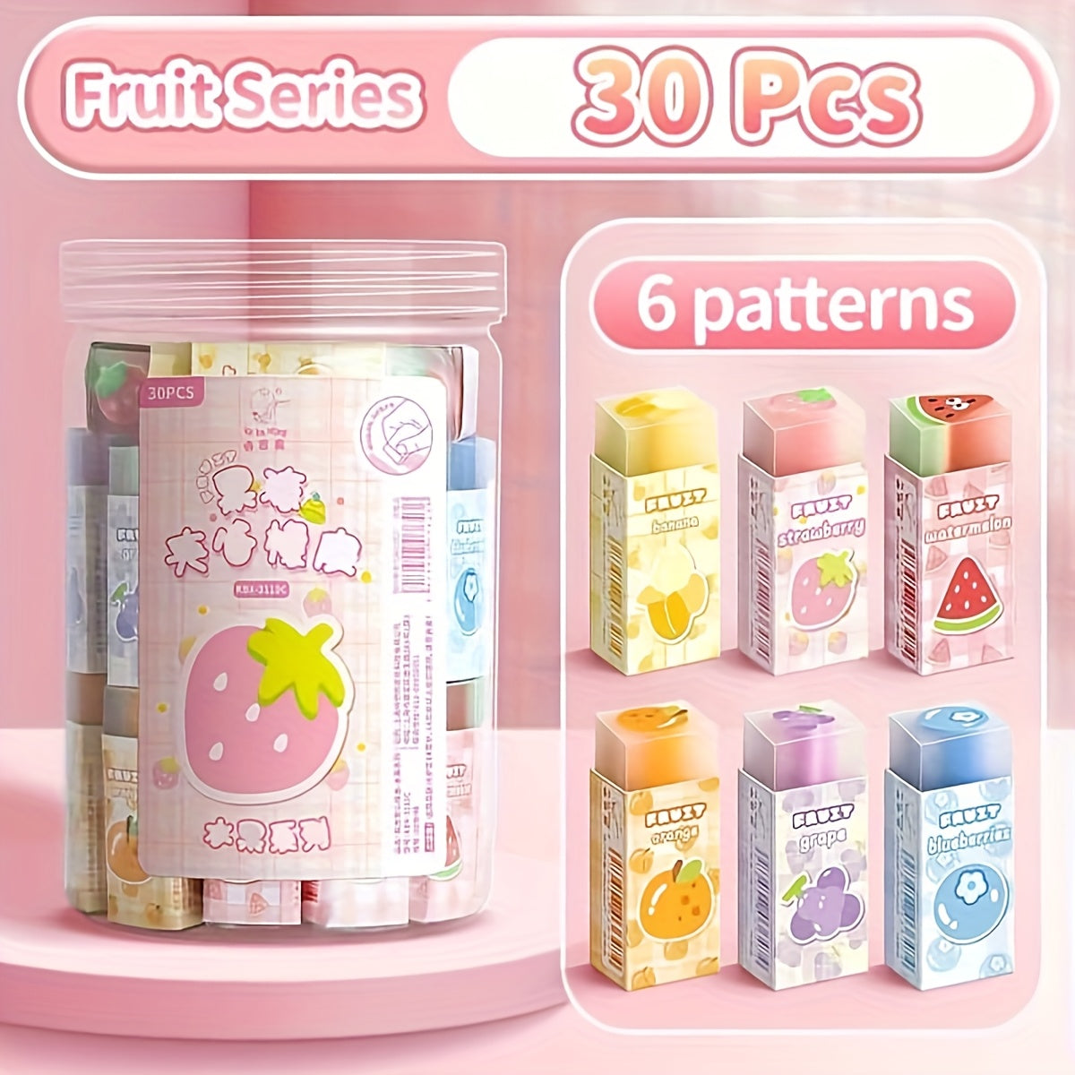 30pcs Cute Cartoon Animals & Fruits Erasers, Rectangular Shape with Charming Designs, Transparent Synthetic Rubber, Perfect for Students' School Supplies or Small Gifts
