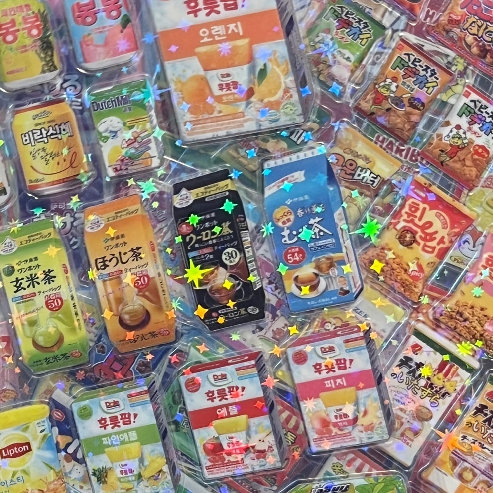 10/20pcs Kawaii Anime Snack Packaging Stickers, Multicolor Glitter Finish, Pre-pasted PET Cartoon Decals for Phones, Plastic Surface Compatible, Irregular Shape, Single Use Embellishments for Diary & Stationery