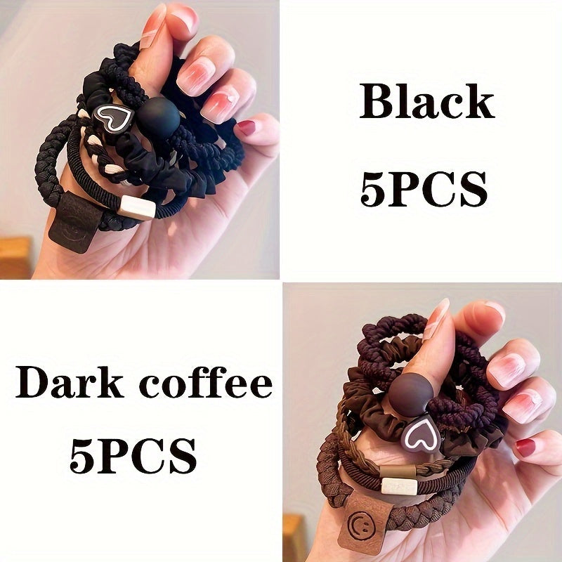 10pcs Cute Coffee Color Love Pendent Hair Rope | Elastic Rubber Hair Bands Hair Ties Bowknot Hair Accessories for Women