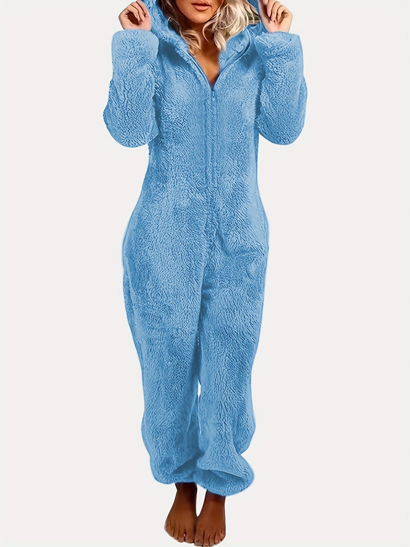 Women's Plush Fleece Pajama Jumpsuit - Hooded, Zip-Up, Easy-Care,
