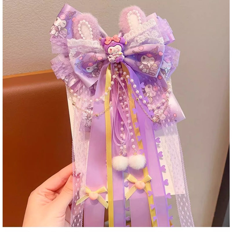 Sanrio Pink Bow Hair Clip with Long Ribbons, My Melody Princess Hair Accessory