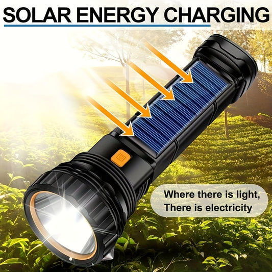 rechargeable solar flashlight with COB side light, USB rechargeable, multifunctional, 3 modes, perfect for outdoor exploration, camping, hiking, home safety, and emergency situations (including battery)
