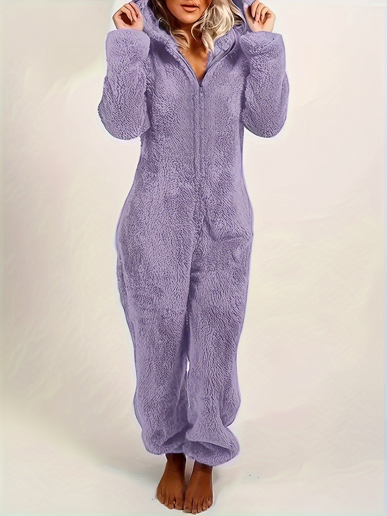 Women's Plush Fleece Pajama Jumpsuit - Hooded, Zip-Up, Easy-Care,
