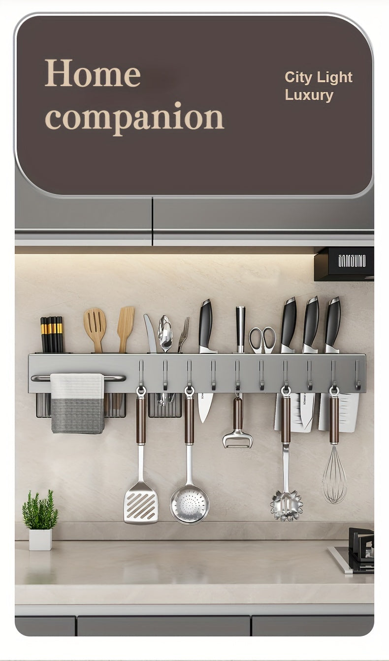 Space-Saving 1pc Multi-functional Metal and Plastic Wall-Mounted Kitchen Utensil Rack, No-Drill Cutlery Storage Shelf, Easy to Install Kitchen Organizer for Kitchen Tools and Accessories