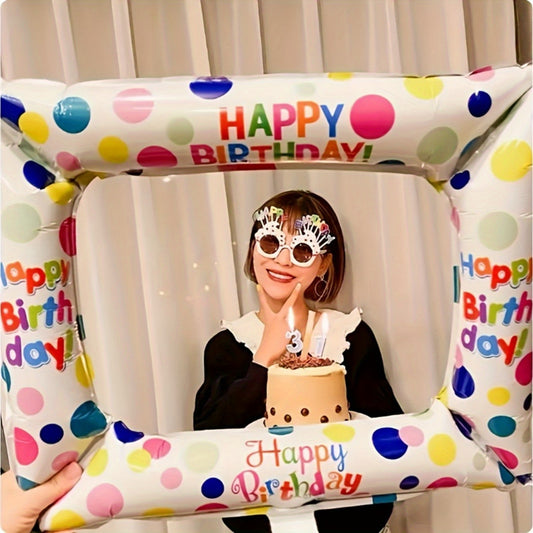 1pc Happy Birthday Photo Booth Frame Balloon - Reusable Aluminum Foil, Colorful Polka Dot Design with "HAPPY BIRTHDAY" Text, Perfect for Parties, Birthdays, and Celebrations, No Electricity Needed, Ages 14+, Party Decoration