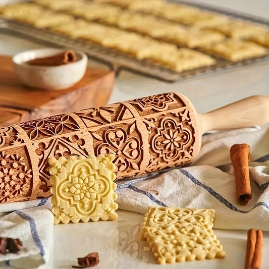 1pc Wooden Embossing Rolling Pin, 13.77"x1.77", Christmas & Halloween Printed, for Pizza, Pies, Dumplings, Noodles, Kitchen Gadgets, Restaurant Home Cooking Supplies