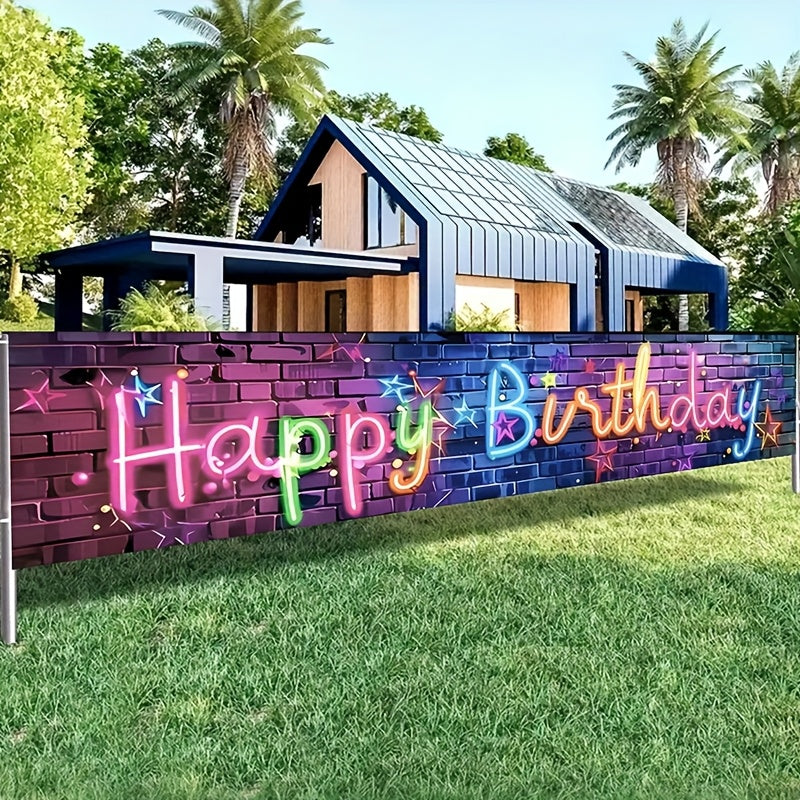 1pc Glow Neon Birthday Long Banner - 78.7"x15.7" Polyester Happy Birthday Garden Yard Decoration with Vibrant Neon Design, Perfect for Outdoor Party Decorations and Celebrations, Celebration Accessory | Festive Party Signage